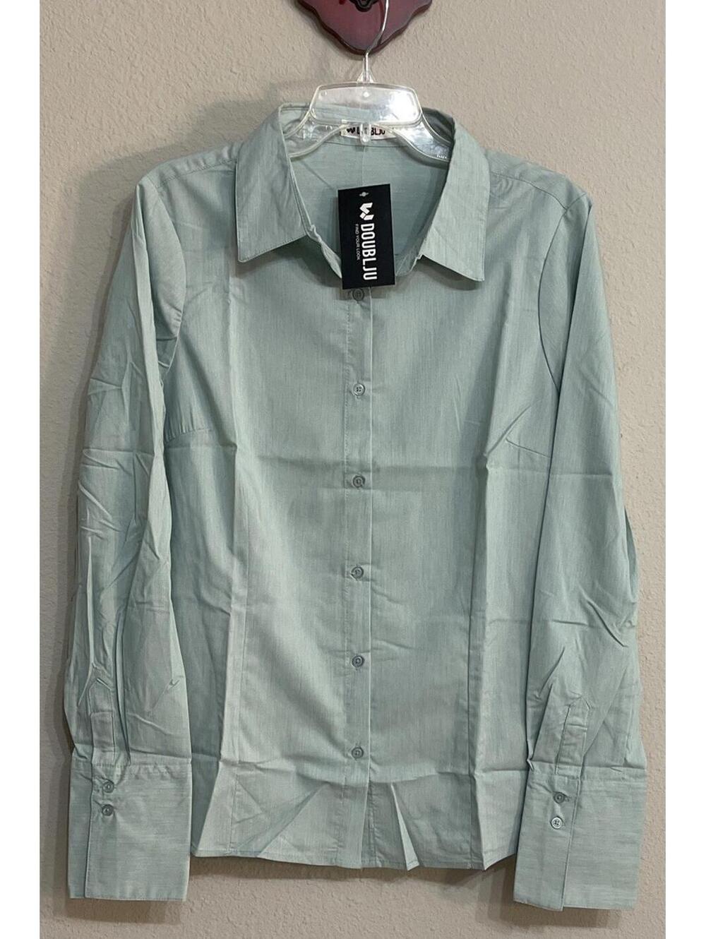 Doublju Women’s XL Mint Green Button-Up Collared Long-Sleeved Blouse NWT! A3002 - Picture 1 of 4